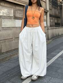 Coolane Holiday Outfits For Women Summer Outfits Minimalist Casual Streetwear Beach Pants White Pants Cotton Bloomer Shorts For Vacation Loose Tapered Leg Pants - White - View 2