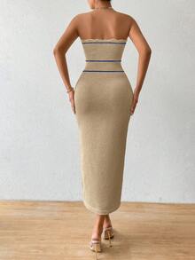 Pariaura Women's Autumn/Winter Strapless Knit Sexy Dress, High-Quality Vacation Style Long Dress - Khaki - View 2