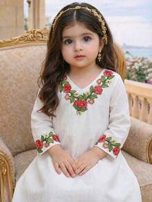 SHEIN Baby Girl V-Neck Floral Embroidery Casual Versatile Dress - White - View 5