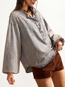 Bohemela 女士休闲时尚西部度假风半扣前襟拼接口袋落肩宽松牛仔衬衫，春秋季女士沙滩外出上衣休闲衬衫度假Y2K上衣 - 淺色水洗藍 - 查看 4