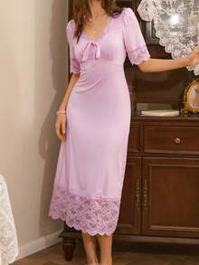 Côtesoire Đầm maxi dáng rộng, thanh lịch kiểu Pháp, cổ chữ V, phối ren, dành cho nữ. - Bụi hồng - Xem 4