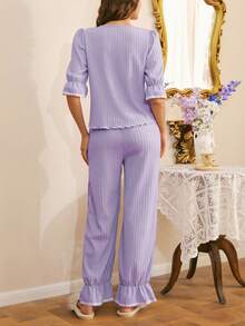 Elegant French Lace Sleepwear, Romantic Lace Patchwork Sleepwear With Ruffle Hem, Charming Ladies Sleepwear Set - Purple - View 2
