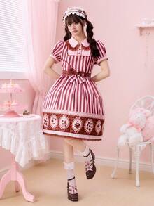 ROMWE Kawaii Đầm midi phối ren, họa tiết sọc, cổ ve áo, họa tiết món tráng miệng sô cô la dễ thương dành cho nữ. - Nhiều màu - Xem 4