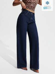 SHEIN PETITE 女士休闲日常斜插口袋直筒牛仔裤 - 藍色 - 查看 6