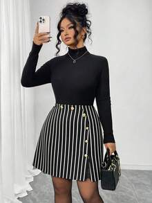 Elenzga Falda de talla grande para mujer con cierre de cremallera, botón de flor de metal y ribete de encaje, adecuada para el uso diario - Blanco y Negro - Ver 5