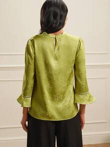Lilora 女士优雅提花喇叭袖宽松圆领衬衫 - 綠色 - 查看 2