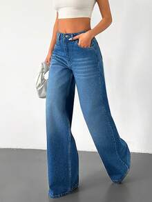 SHEIN 100% Cotton Women's Slant Pocket Casual Wide Legs Jeans - Medium Wash - View 4