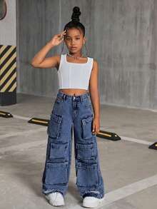 SHEIN Tween Girls' Y2K Trending Stonewashed Multi-Pocket Distressed Cargo Jeans Baggy Wide Leg Pants,Tween Girl Fall Clothes Back To School Outfits - Dark Wash - View 4