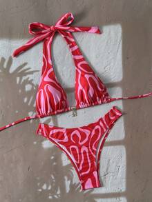 Swim Mod 两件套女士甜美可爱露背吊带比基尼上衣和常规三角比基尼泳裤套装，夏季度假 - 玫紅色 - 查看 1