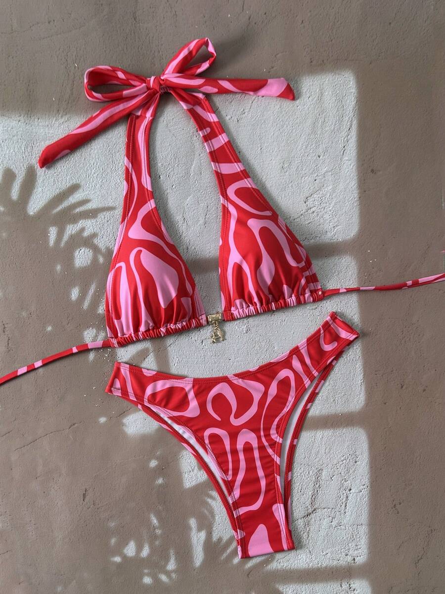 Swim Mod 两件套女士甜美可爱露背吊带比基尼上衣和常规三角比基尼泳裤套装，夏季度假 - 玫紅色 - 查看 1