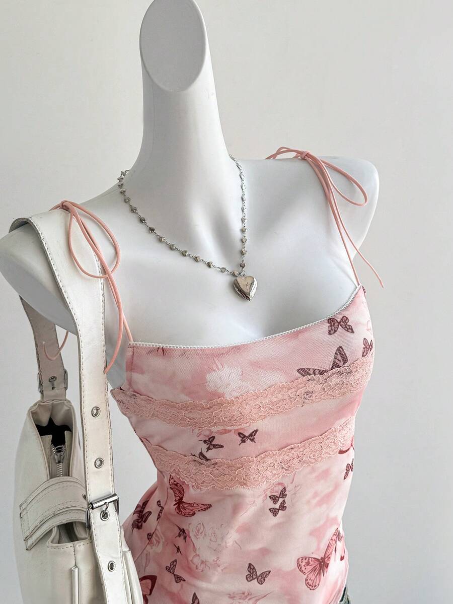 SHEIN Unity Áo hai dây kiểu Bohemian màu xanh lá cây dành cho nữ, chất liệu lưới, in hoa, viền ren, phối nhiều mảng màu, thích hợp cho kỳ nghỉ hè. - màu xanh lá - Xem 1