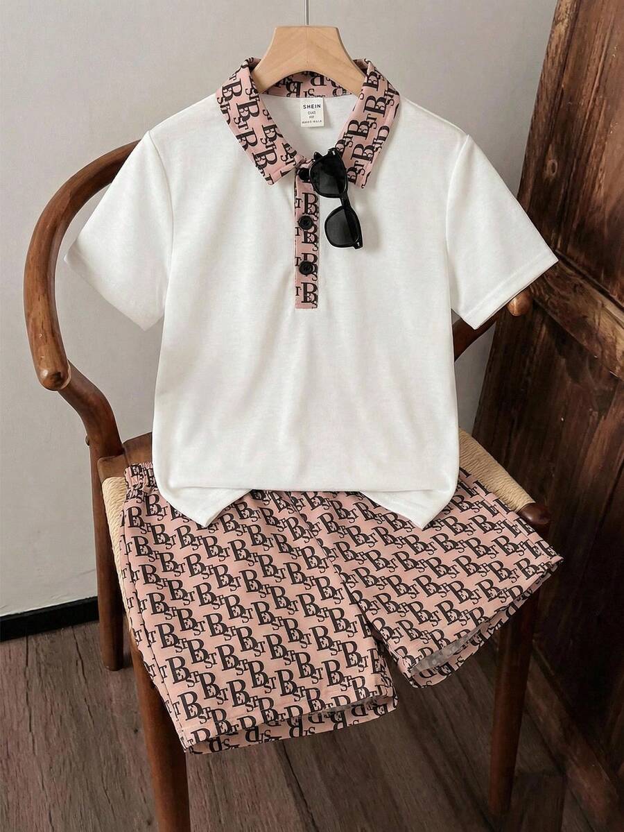SHEIN 2pcs/Set Young Boys Casual Comfortable Retro College Pattern Full Print Shorts & White Short Sleeve Polo,Summer,School,Back-To-School Fashion Outfit