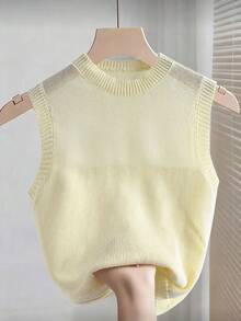Franclia Women's Round Neck Pale Yellow Sleeveless Knit Top, Fashionable & Versatile For Spring/Summer Vacation - Yellow - View 1