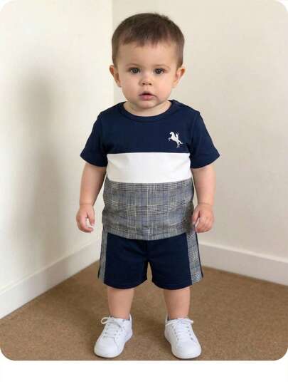 男婴休闲度假可爱撞色针织短袖T恤和松紧腰短裤套装
