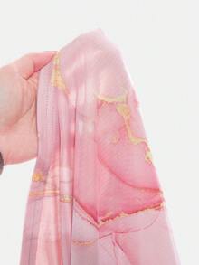 SHEIN 女童不对称肩部印花短袖T恤和中长裙两件套优雅度假套装 - 粉色 - 查看 9