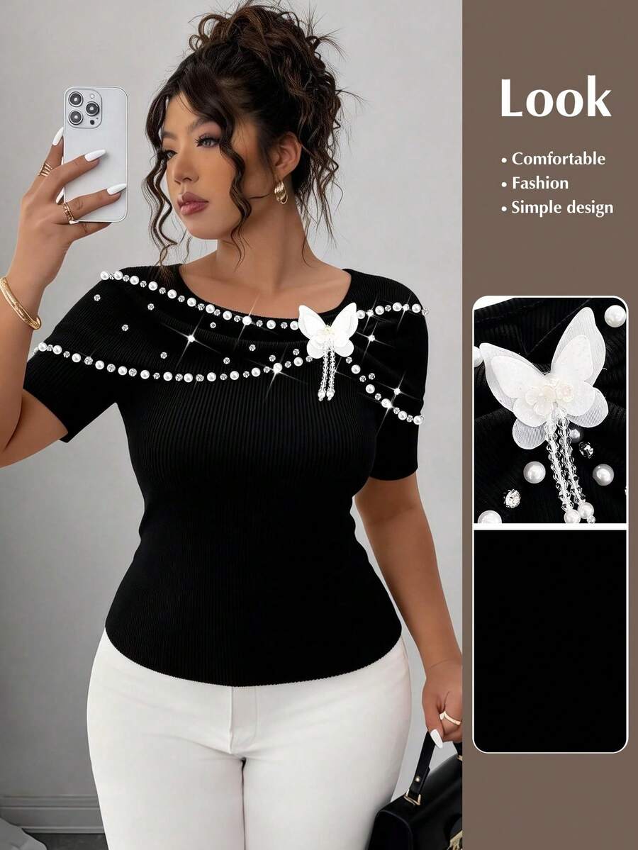 Elenzga Áo thun ngắn tay đính hạt cườm thời trang thanh lịch dành cho nữ cỡ lớn, kiểu dáng sang trọng với nơ đen. - màu đen - Xem 1
