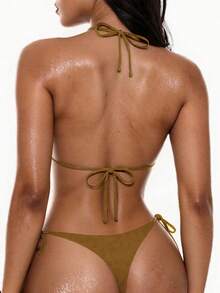 女士泳装套装，金色波点棕色性感比基尼，休闲沙滩度假风 - 銅色 - 查看 2