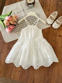 SHEIN One-Piece Cute Baby Girl Casual/Spring/Summer White Embroidery Halter Backless Dress For Teen Girls,White Graduation Dress,Summer Clothes,Sun Dress,Bohemia,Vacation Dress - White - View 4