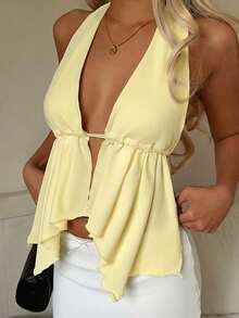 CovetEZ Women's Casual Cream Yellow Backless Asymmetrical Hem Fitted Halter Neck Camisole, Suitable For Vacation, Summer - Multicolor - View 4