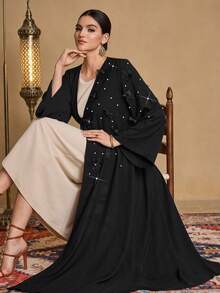 SHEIN Najma Elegant Minimalist 3D Floral Decor Rhinestone Embellished Women Long Sleeve Commuter Style Cardigan - Black - View 4