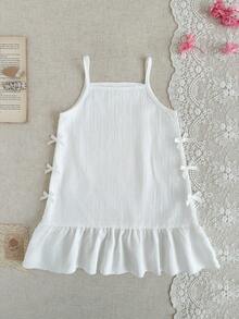 Young Girls White Textured Spaghetti Strap Dress, Pleated Soft Fabric, Ruffle Trim, Loose A-Line Silhouette, Bow Tie Accent, Sweet & Charming, Suitable For Summer Beach, Birthday Party, Princess - White - View 2