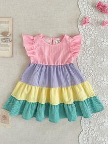 SHEIN Gaun Bayi Perempuan Musim Panas dengan Tekstur, Motif Garis-garis Blok Warna, Patchwork, Lapisan, dan Hem Bergelombang, Lengan Bergelombang Manis, Gaya Pesta/Liburan Musim Panas - MultiWarna - View 6