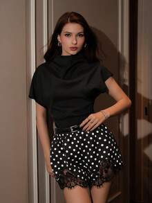 NOVVYNE French Polka Dot Lace Design Fashion Women Shorts - Black and White - View 3