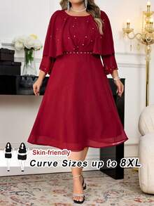 SHEIN CURVE+ Valentine's Day Plus Size Women's Elegant Rhinestone Decorated Cape Dress, Summer Curve Plus Dress Red Plus Size Dress - Burgundy - View 10