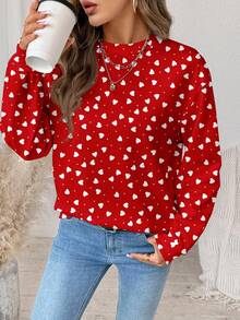 SHEIN LUNE Casual Minimalist Heart Print Round Neck Loose Fit Long Sleeve Sweatshirt Sweatshirt For Women, Red,Valentine's Day - Multicolor - View 4