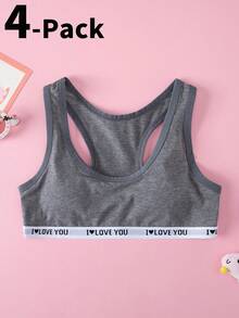 4pcs Tween Girl Letter Jacquard Crew Neck Bralette Underwear, Solid Color - Multicolor - View 6