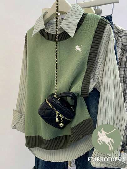 Franclia Women's Casual Knitted Vest With Knight Embroidery, Autumn/Winter