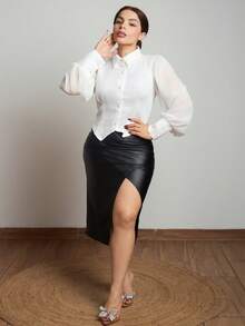 Lupita Cardoza New Fashion Elegant Puff Sleeve Cropped Button Down Shirt, Chic & Slim Fit See-Through Sleeve Blouse Fall Cloth For Women - White - View 1