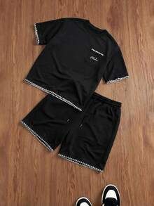 SWAVVY Bộ áo thun nam dáng thường ngày, tay ngắn, màu đen, thêu họa tiết răng chó. - màu đen - Xem 3