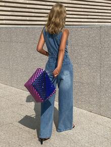 DAZY Women's V-Neck Strap Washed Denim Jumpsuit, Casual City Style - Medium Wash - View 5