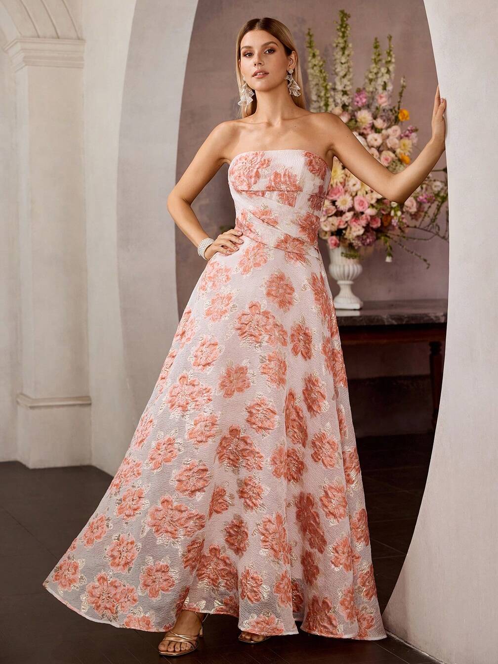 floral jacquard a line dress MOTF Soiréza WOMEN'S ROMANTIC A-LINE LONG DRESS, SUITABLE FOR SPRING/SUMMER OCCASIONS｜Motf Formal dresses