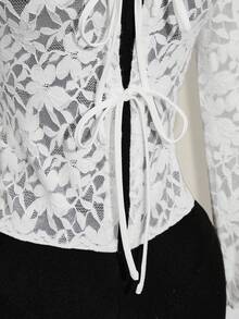 SHEIN ICON Women's Fashionable Lace See-Through Front Tie Blouse, Summer - White - View 7