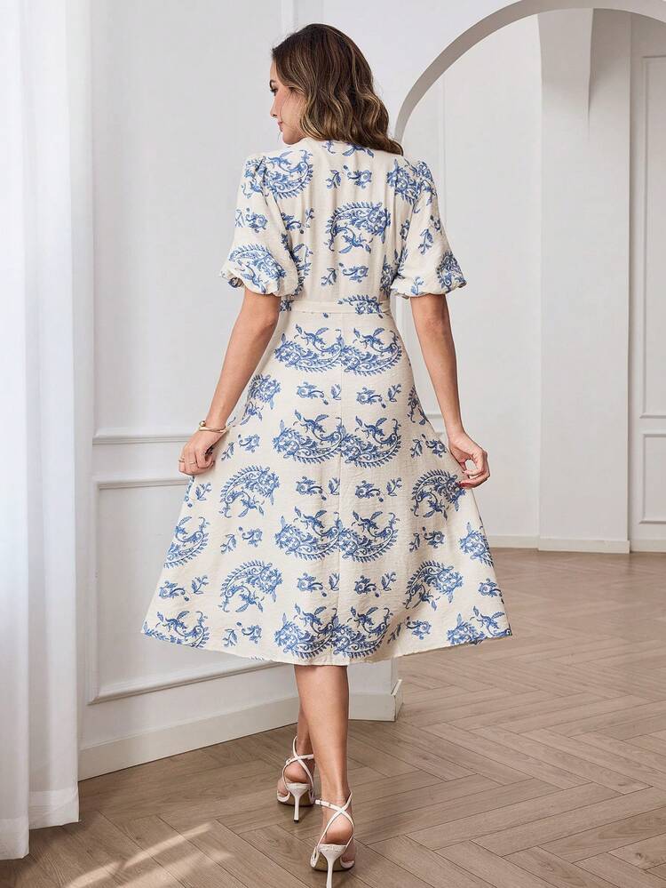Elegant Blue White Floral Midi Dress For Women Summer Spring Dress With Belted Waist, Perfect For Wedding Guest Party Vacation And Beach Occasions