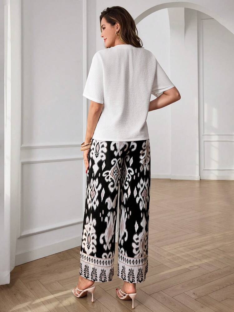 Elegant Casual Two-Piece Set For Women – White Buttoned Blouse & Black Graphic Print Wide Leg Pants, Perfect For Summer & Spring, Ideal For Vacation, Beach, Going Out, Casual Daily Wear, And Festival Occasions,Summer Outfits For Women