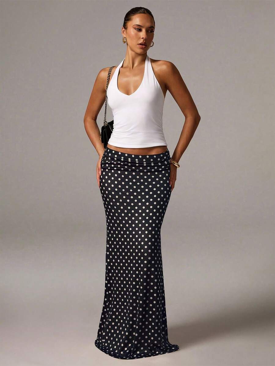 Avenya Women's Casual Everyday Knit Polka Dot Print Fishtail Hem Skirt - Black - View 1