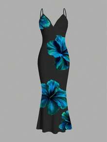 Slaydiva Women's Floral Print Contrast Lace Ruffle Bodycon Dress, Sexy Spaghetti Strap Vacation Dress - Multicolor - View 1