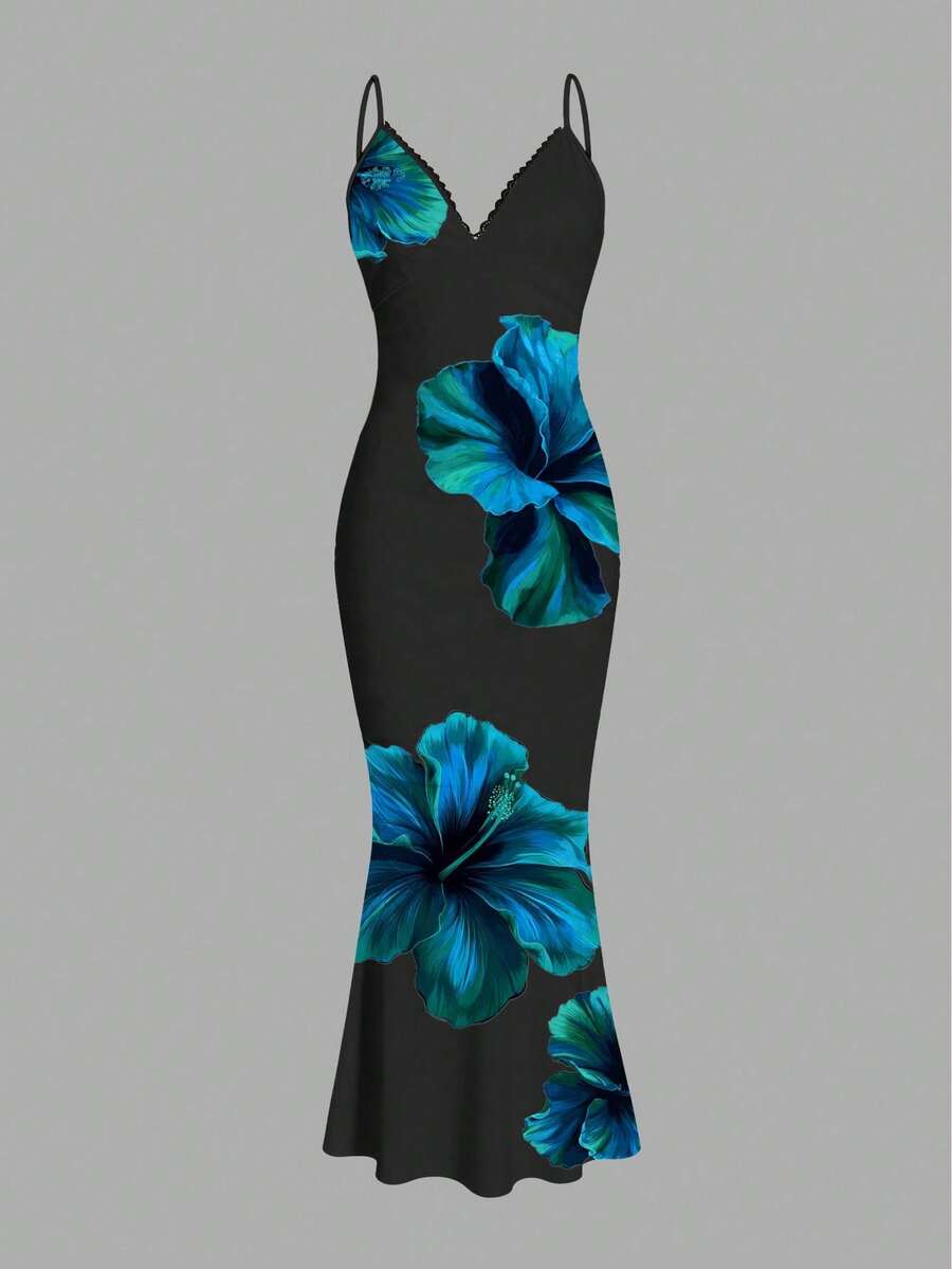 Slaydiva Women's Floral Print Contrast Lace Ruffle Bodycon Dress, Sexy Spaghetti Strap Vacation Dress - Multicolor - View 1