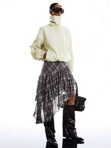 LYSMO Women's Casual Fashion Street Collegiate Style Patterned Print Low Waist Asymmetrical Ruffled Hem Mini Skirt - Purple - View 7