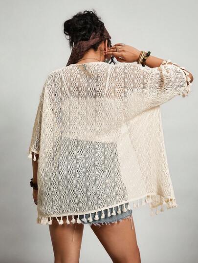 Freevana 大码纯色简约日常和服式镂空短袖上衣