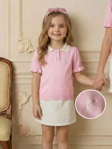 PrepCrw 女童学院风蝴蝶结刺绣Polo领短袖毛衣 - 粉色 - 查看 1