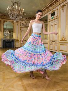 LOTSLUV Women's Blue & Pink Placement Print, Ruched Flounce Hem, High-Low Hem, A-Line Skirt - Multicolor - View 1