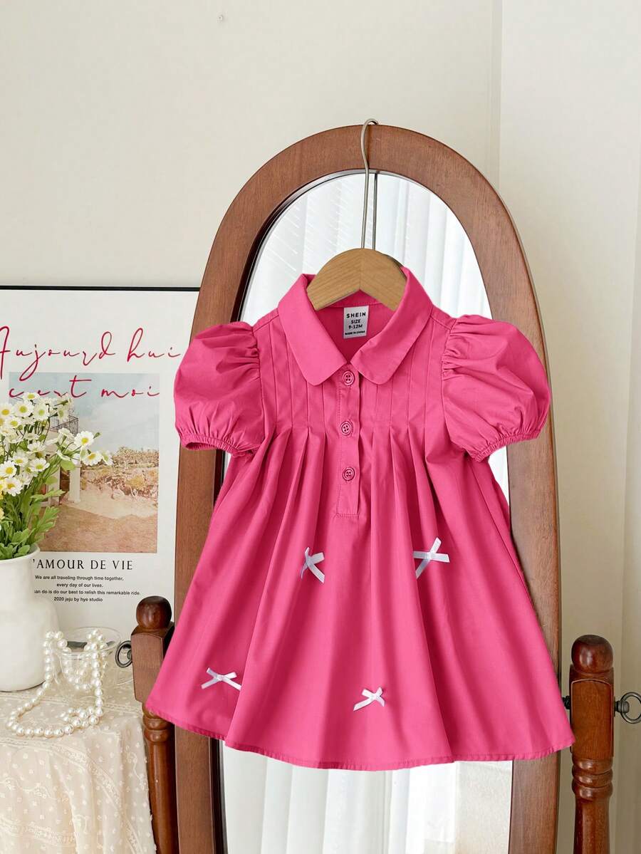 SHEIN LMoss Kids Cute Babygirl Summer Fuchsia Bow Collar Short Sleeve Dress - Hot Pink - View 1