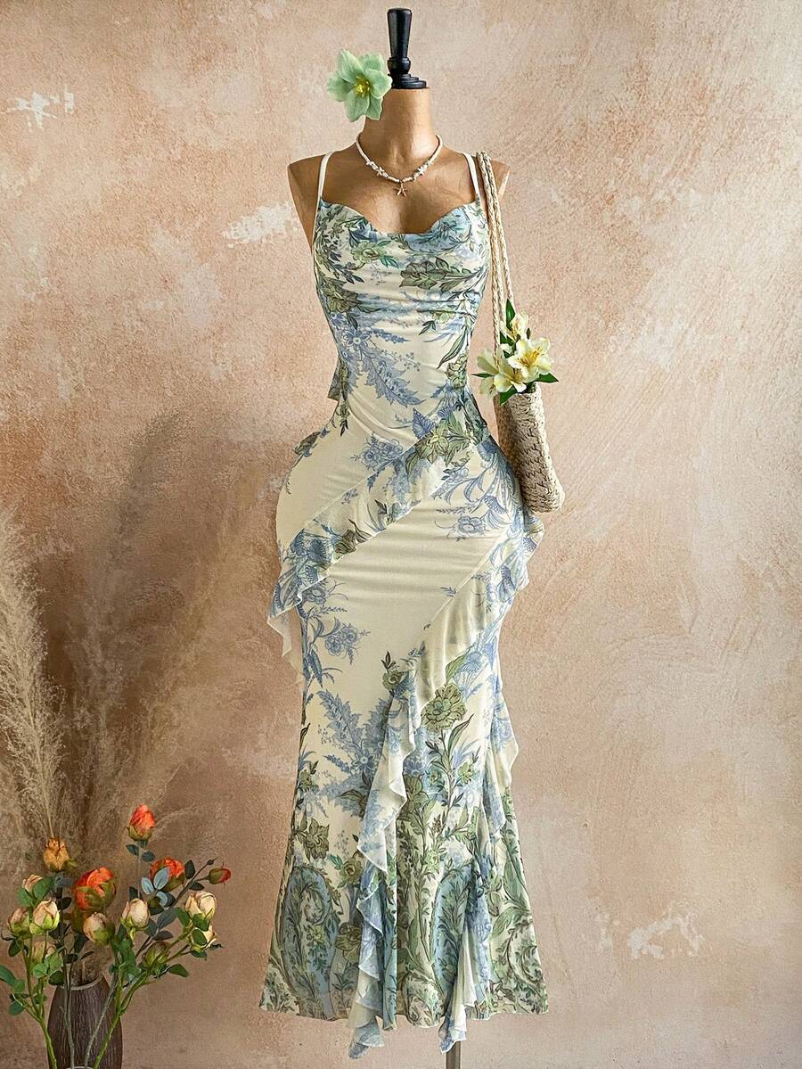 Soleia 女士彩色复古印花垂褶领口层叠荷叶边下摆连衣裙，度假风 - 彩色 - 查看 1