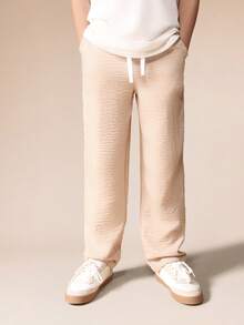 SUMWON Boys Linen Feel Pull On Elastic Waist Casual Summer Pants Beige Natural Fabric Comfortable Lightweight Drawstring Pants Daily Wear - Khaki - View 4