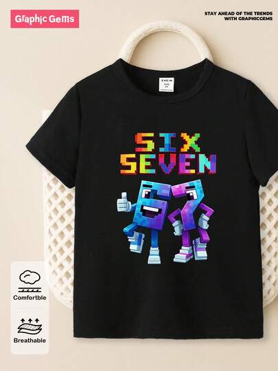 Coolqubz 4-Season Versatile  Boys' Casual Fashion Creative Personalized Refreshing High-End Simple Colorful Digital 67 Lightning Graphic Letter Slogan Printed Relaxed Fit All-Match Short Sleeve T-Shirt, Comfortable Cozy Summer And Fall Styles Suitable For Tween Boys' Daily Casual Outfits