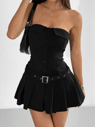 SHEIN EZwear 女士黑色无肩带极简连衣裙，适合夏季穿着，女士夏季连衣裙